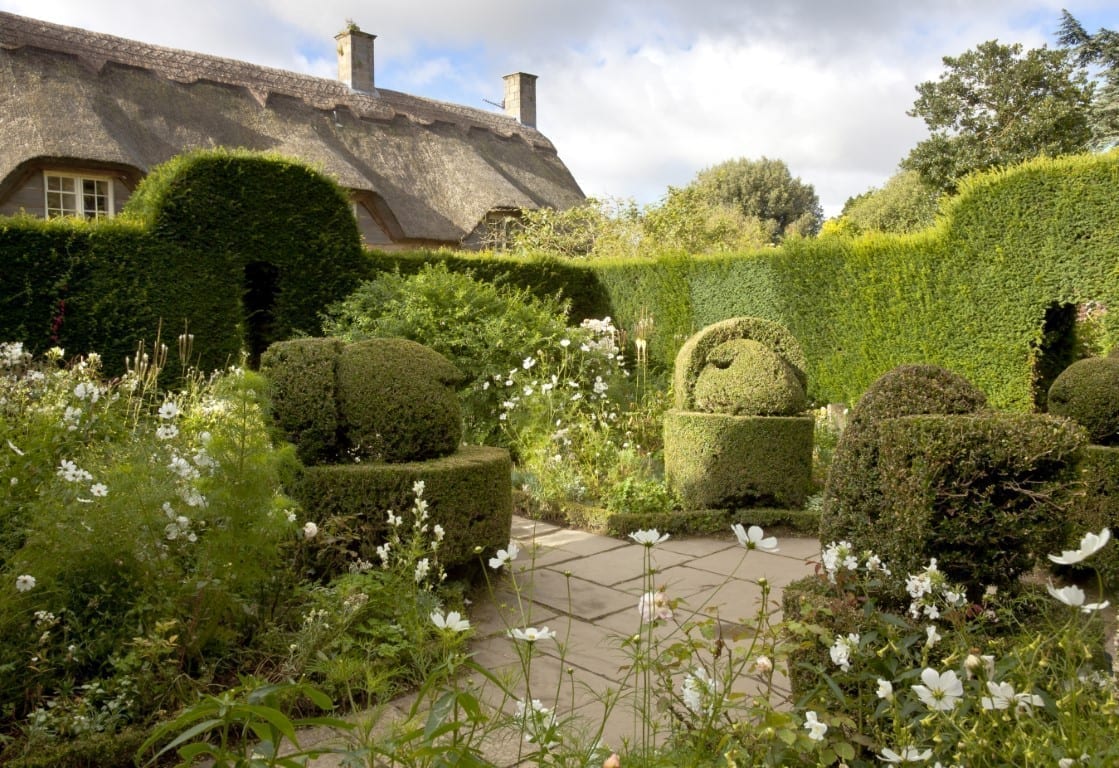 Bird topiary in the White Garden at Hidcote, Gloucestershire. Hidcote Manor Garden